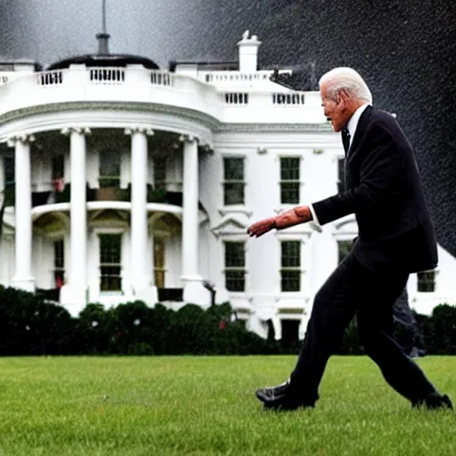 Prompt: a predator monster battling joe biden on the white house lawn during a storm, dramatic