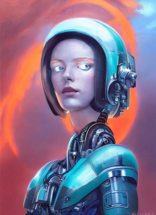Prompt: symmetry!!! closeup portrait! of a cyborg girl, racer jumpsuit, in clouds, cinematic light, windy, teal orange, volumetric smoke, by gerald brom, by mikhail vrubel, by peter elson, muted colors, extreme detail, trending on artstation, 8 k