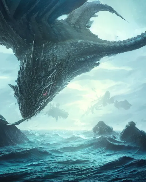 Prompt: A monstrous giant sea dragon in the middle of the sea, fantasy art, in the style of greg rutkowski, illustration, epic, fantasy, intricate, hyper detailed, artstation, concept art, smooth, sharp focus, ray tracing