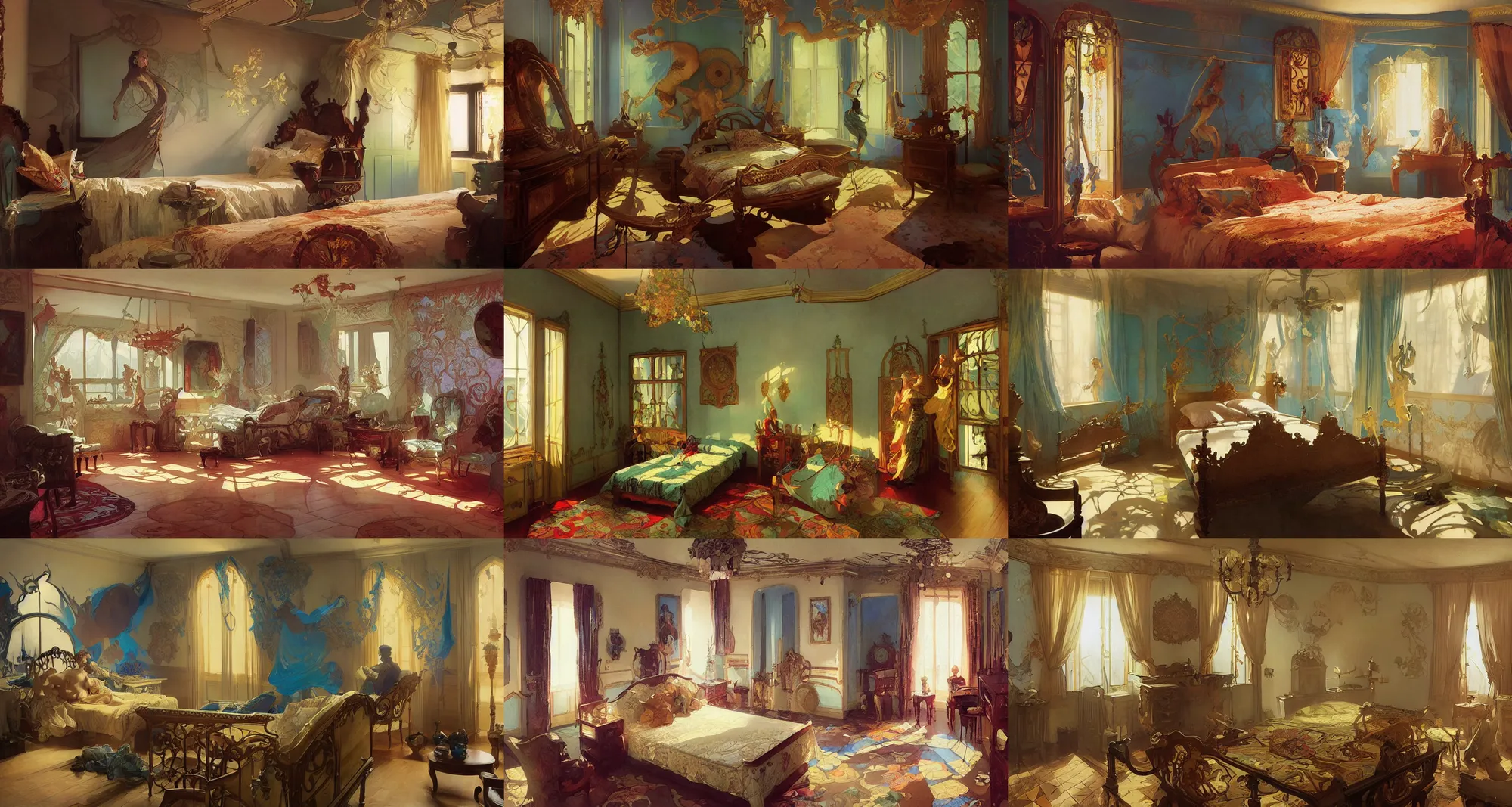 Prompt: bedroom, art nouveau, art by joseph leyendecker, peter mohrbacher, ivan aivazovsky, ruan jia, reza afshar, marc simonetti, alphonse mucha