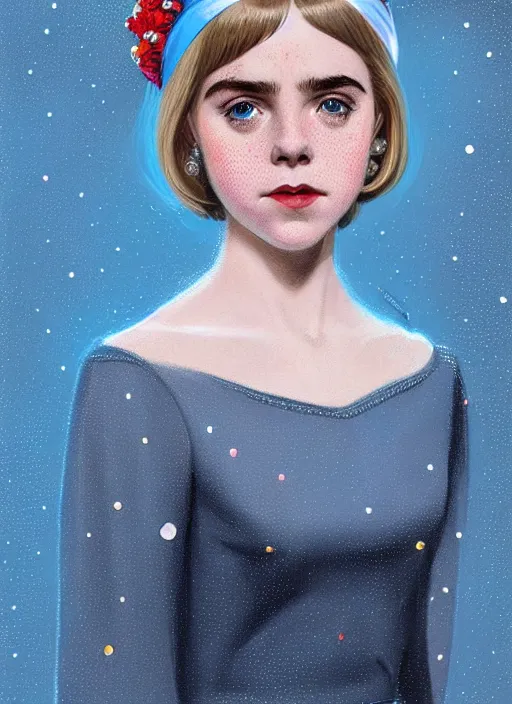 Image similar to portrait of kiernan shipka with freckles, white hair, big 1 9 6 0 s bob hairstyle with bangs and hairband, blue 1 9 6 0 s dress, intricate, elegant, glowing lights, highly detailed, digital painting, artstation, concept art, smooth, sharp focus, illustration, art by wlop, mars ravelo and greg rutkowski