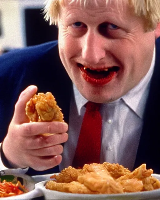 Prompt: film still close - up shot of boris johnson eating fried chicken from the movie monty python's the meaning of life. photographic, photography