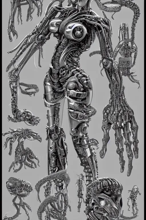 Image similar to cyborg medusa with gunmetal grey skin, medical anatomy, very symmetrical face, highly detailed, mecha, three - perspective / three - view reference sheet ( front / back / side ), in the style of dan ouellette, hr giger, sil from species, dren from splice, biomechanical, artstation, unreal engine