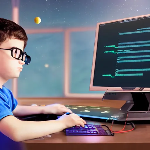 Image similar to a boy coding in a celestial computer to save the universe