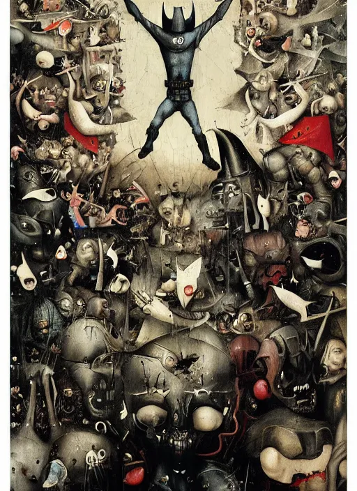 Image similar to The dark knight by Hieronymus Bosch and James Jean, rule of thirds, highly detailed features, perfect symmetry, horror elements, horror theme, award winning