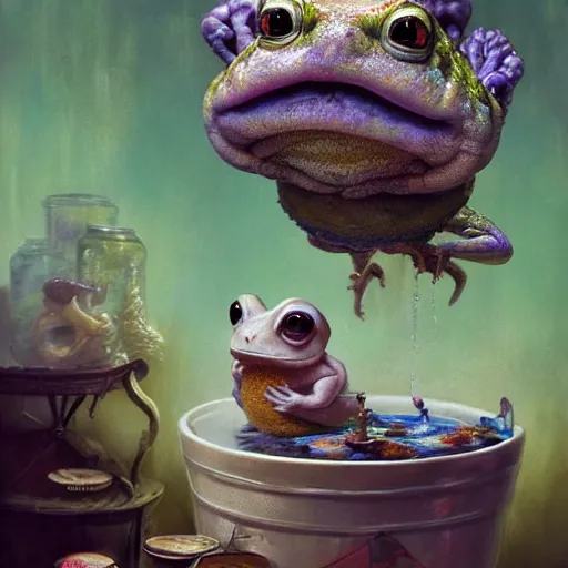 Image similar to long shot of a crazy toad baby sitting in a searose cup, by esao andrews, by m. w. kaluta, very humorous illustration, small depth of field, perspective perception, volumetric light, psychedelic colors, 3 d octane render, 8 k, conceptart, hyperdetailed, hyperrealistic, trending on artstation