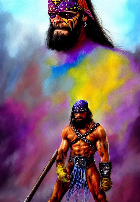 Image similar to a solitary macho man randy savage wearing a colourful heavy cloak alone full body rocky desolate wasteland | portrait | fantasy impressionist watercolour painting | matte painting | matte drawing | middle earth | pathfinder | featured on artstation deviant art | sword and sorcery | pintrest | conan | darksun | d & d dungeons and dragons | barbarian