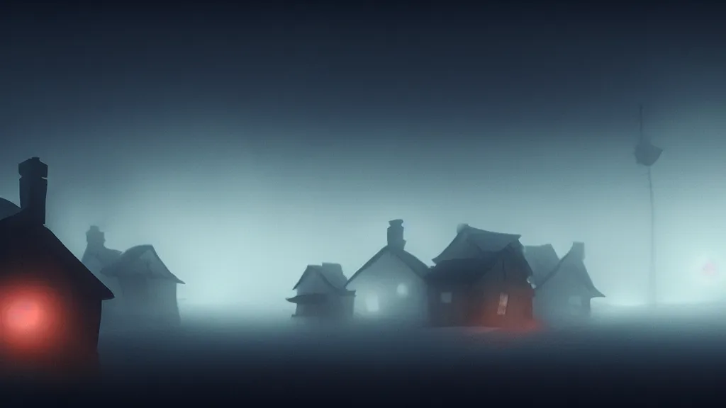 Image similar to thin luminous threads stretch from a black sphere that is in the sky above a small village with wooden houses in the fog, fog, volumetric lighting, mystique, atmospheric, sharp focus, ultra detailed, ross tran, thierry doizon, kai carpenter, ignacio fernandez rios, noir art house, 4 k, 3 5 mm