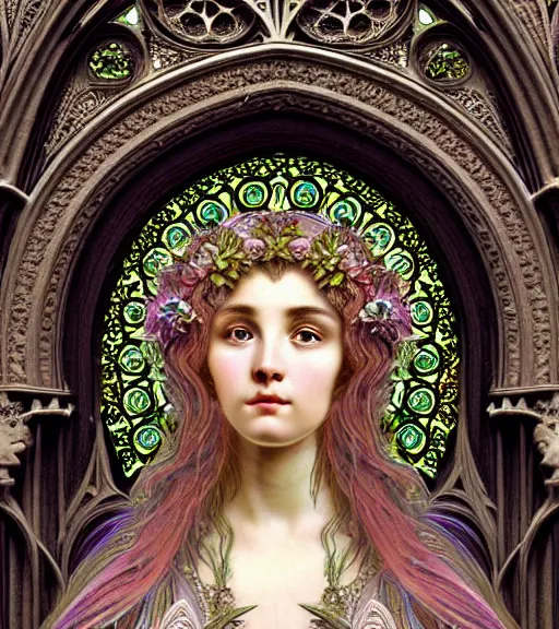 Prompt: hyperrealistic detailed face portrait of a beautiful young goddess morphing into a gothic cathedral, authentic ornamental architecture, intricate and highly detailed, awe inspiring art by ernst haeckel, h. r. giger, alphonso mucha, james jean, gothic, neo - gothic, heavily ornamental, nice deep colours,