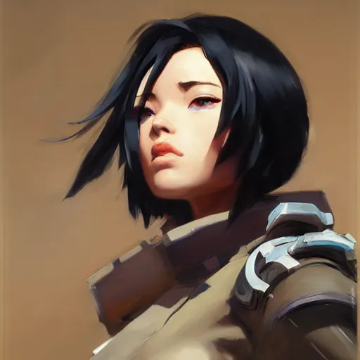 Image similar to greg manchess portrait painting of mikasa ackerman as overwatch character, medium shot, asymmetrical, profile picture, organic painting, sunny day, matte painting, bold shapes, hard edges, street art, trending on artstation, by huang guangjian and gil elvgren and sachin teng