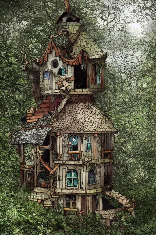 Image similar to a storybook style ramshackle multistory fairytale hut in the forest by Arthur Adams