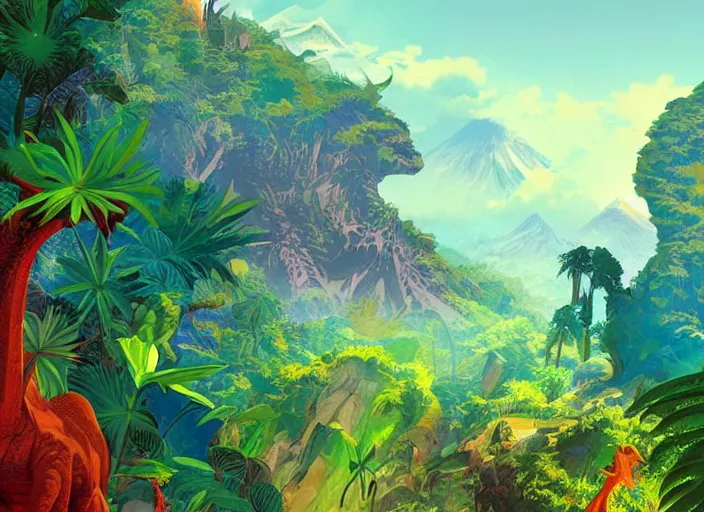 Image similar to psychedelic art of dinosaurs and volcanoes, jungle landscape, detailed, cel shaded, by makoto shinkai and moebius and anton fadeev and james gurney