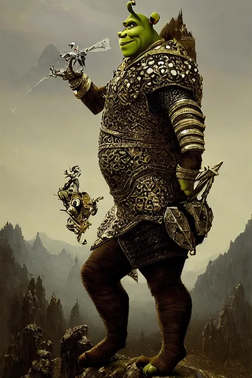 Image similar to full length portrait of shrek wearing ornate silver armour with gold accents covered in jewels, epic landscape with mountains and castle in background, dark and moody by carl spitzweg, ismail inceoglu, vdragan bibin, hans thoma, greg rutkowski, alexandros pyromallis, perfect face, fine details, realistic shaded