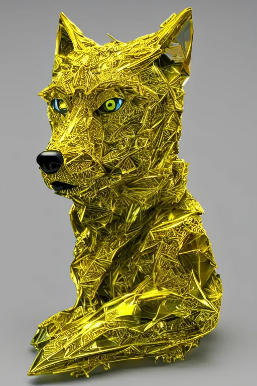 Image similar to portrait, gorgeous peridot gemstone, semi - transparent, wolf statue with gold filigree, inner glow, shiny, hd, octane render, 8 k