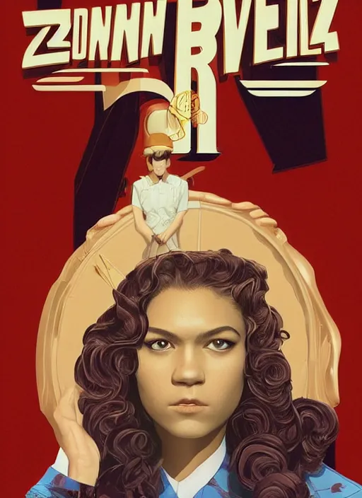 Prompt: poster artwork by michael whelan and tomer hanuka, karol bak, portrait of a high school student zendaya!!!!! wearing rr diner uniform working at the local diner, confectioner in a pastry shop, full length shot, shining, from scene from twin peaks, clean