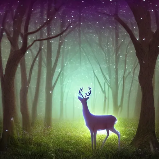 Image similar to white glowing deer standing in the middle of a forest at night, a hologram by wolfgang zelmer, featured on deviantart, magic realism, made of mist, bioluminescence, storybook illustration