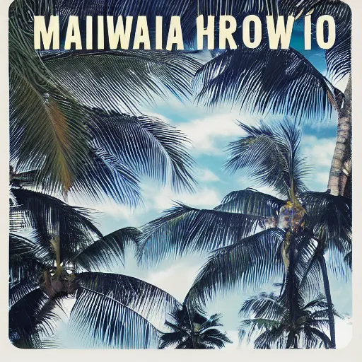 Image similar to miracle musical Hawaii part ii album cover, showing an ocean in the background, spiral transparent stairs on the left with tall palm trees behind it, a slight rainbow in the background, white outline border, moon in the right top area black and white except for the rainbow album cover