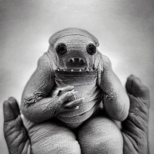 Prompt: tardigrade!!! daguerreotype portrait photograph. inspired by gerard grom and ansel adams. beautiful. cute. happy. highly detailed. old timey.