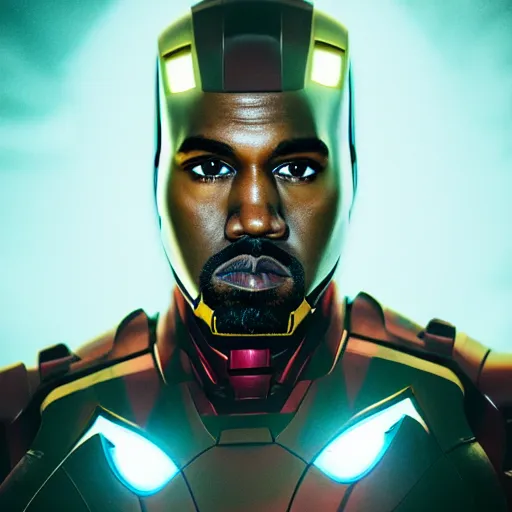 Prompt: Portrait of Kanye West in Ironman suit, splash art, movie still, cinematic lighting, dramatic, octane render, long lens, shallow depth of field, bokeh, anamorphic lens flare, 8k, hyper detailed, 35mm film grain