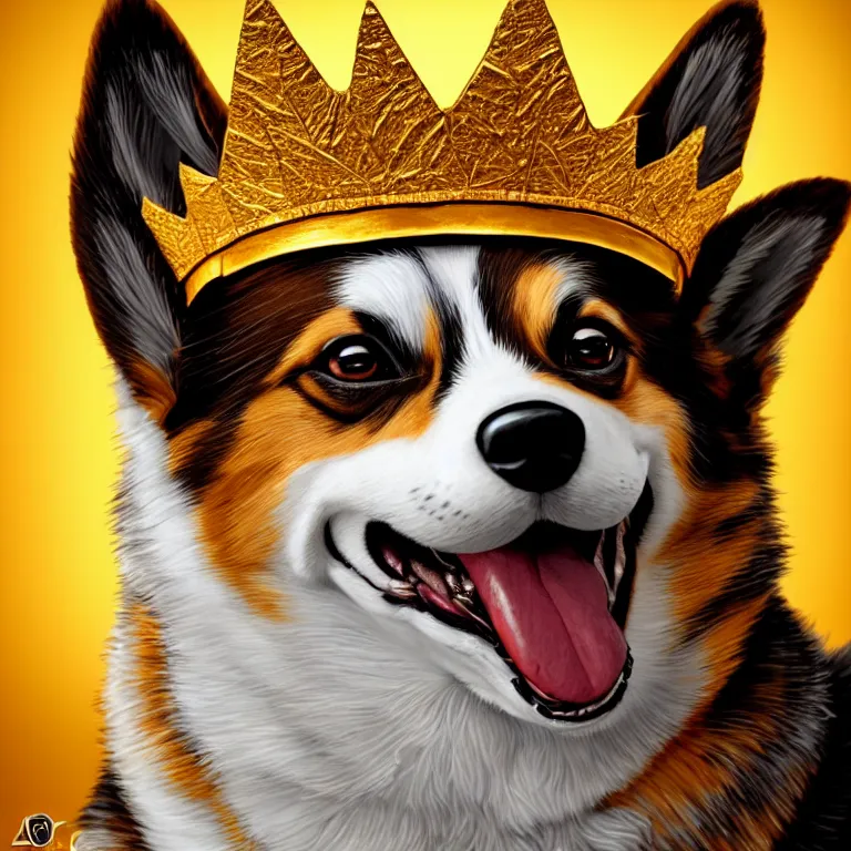 Image similar to highly detailed illustration of a portrait of a derpy corgi wearing a glinting golden crown, artstation, cinematic lighting, hyperdetailed, cgsociety, 8k, high resolution, art by artgerm, insanely detailed and intricate