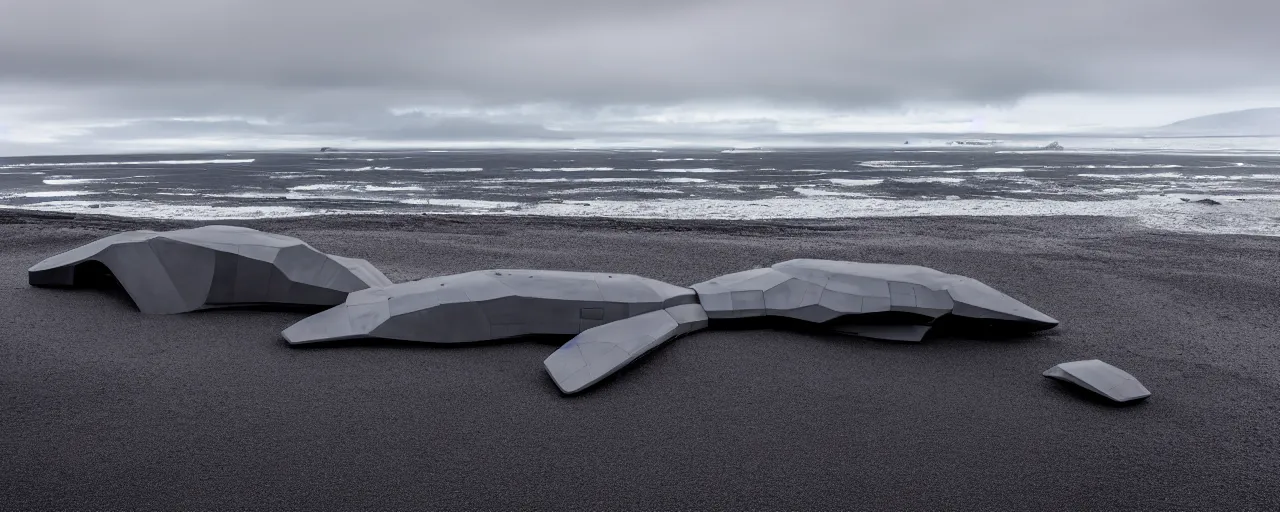 Image similar to cinematic shot of giant symmetrical futuristic military spacecraft in the middle of an endless black sand beach in iceland with icebergs in the distance,, 2 8 mm