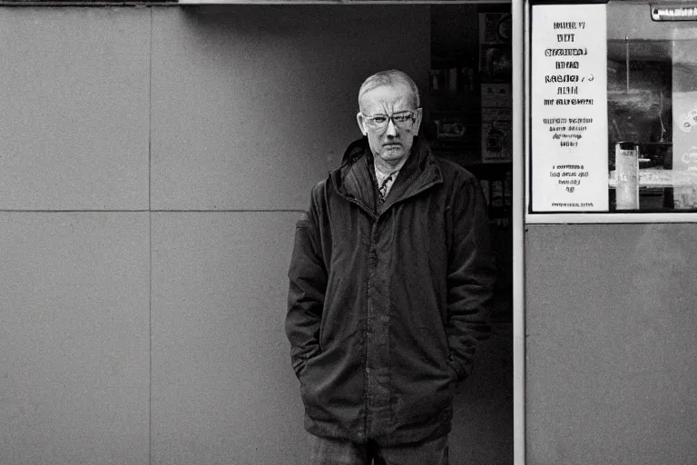 Image similar to an ultra realistic colour cinematic headshot portrait of an evil scientist, stood outside a corner shop, foggy, colour, detailed, deep focus, movie still, dramatic lighting, by fay godwin