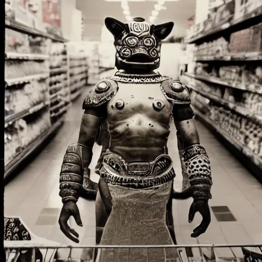 Prompt: low angle vintage photograph of a futuristic mayan jaguar warrior inside a grocery store, shallow depth of field, awkward, out of place, polaroid 6 0 0 color