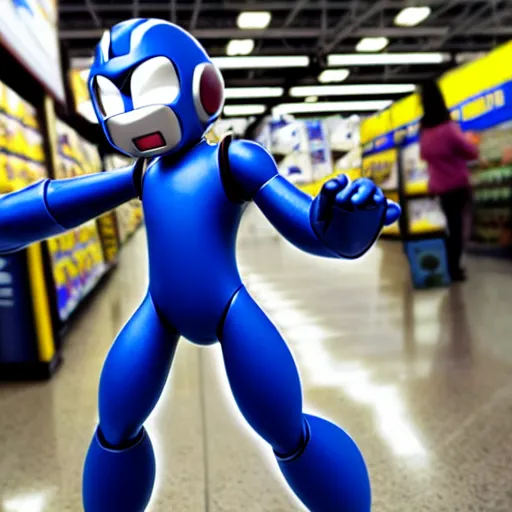 Image similar to uhd photorealisitc candid photo of mega - man at best buy, smashing electronics. correct costume. correct face, accurate face. photo by annie leibowitz and steve mccurry