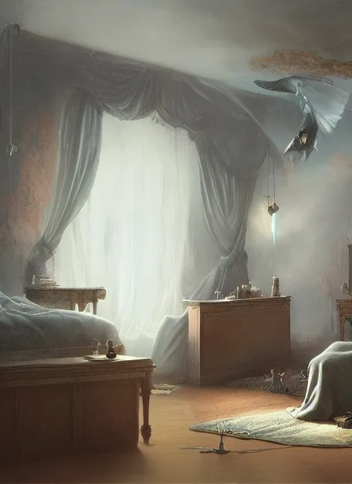 Prompt: a dreary bedroom, but floating above the bed are fantastical scenes of dreams, dreams invading mundane spaces, fantasy infiltrating reality, wisps of the impossible, 8k, ultradetailed, illustrated by Greg Rutkowski and Caspar David Friedrich.