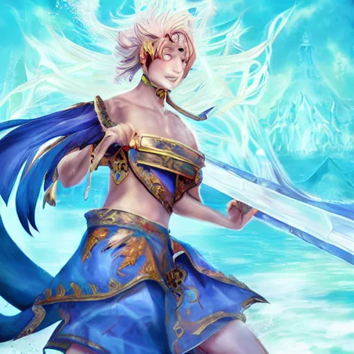 Prompt: fantasy art of childe ( tartaglia ), a water god from genshin impact that controls the power of water sword. digital art, fantasy art, high quality, trending on artstation, league of legends splash art