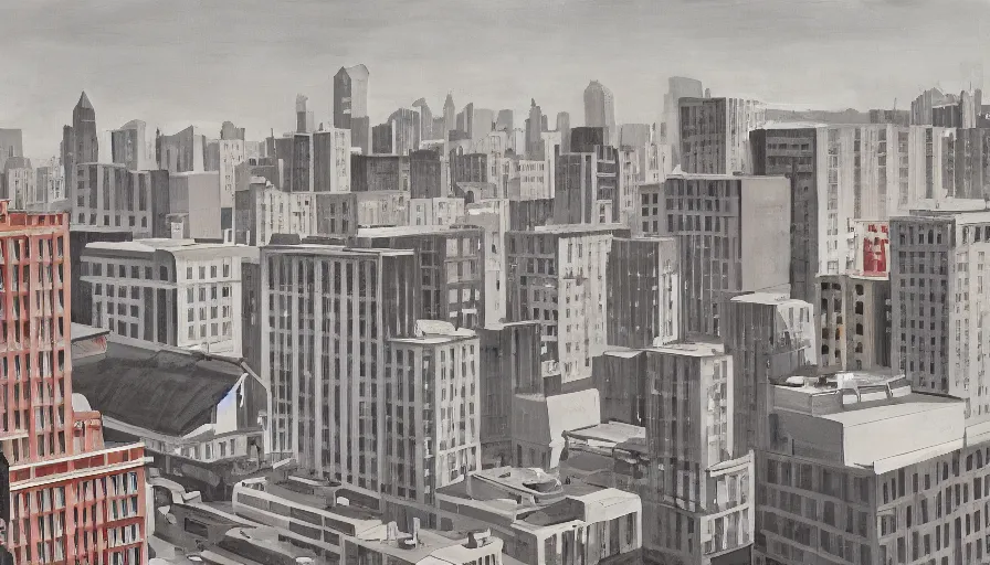 Image similar to american city, modern times, a weird apartment, four stories high, with a huge water tank on the roof. the color of the picture is gray, and the painting style is retro