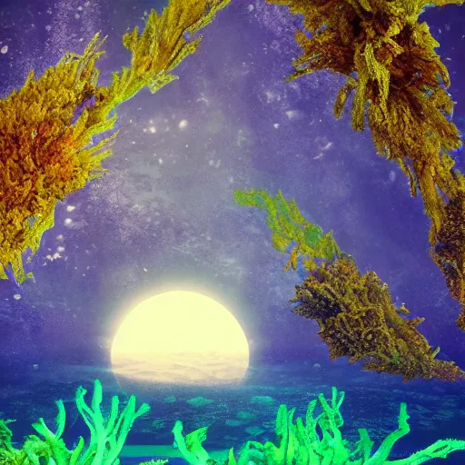 Image similar to Photograph of an underwater alien base, photorealistic, colorful, seaweed, moonlight, dark, smog,