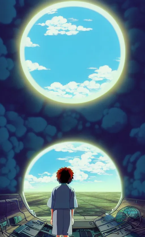 Image similar to a cell - shaded studio ghibli cartoon concept art study of a scientist looking at a dimensional time portal from independence day ( 1 9 9 6 ) opening up on cloudy day at golden hour. 1 9 7 0's science fiction. very dull colors, hd, 4 k, hq