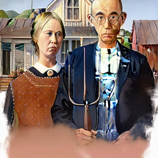 Prompt: the american gothic painting, highly detailed, digital painting, artstation, concept art, smooth, sharp focus, by Henri Matisse