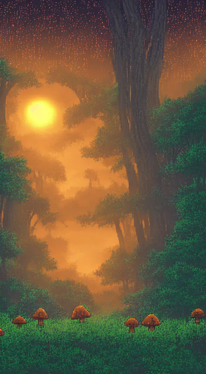 Prompt: a dreamy sunset in the forest with mushrooms in pixelart style, highly detailed