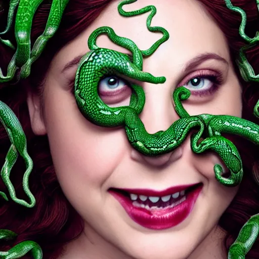 Image similar to rachel bloom as medusa with ghostly snakes for hair, highly detailed, hyper realistic, 8 k resolution