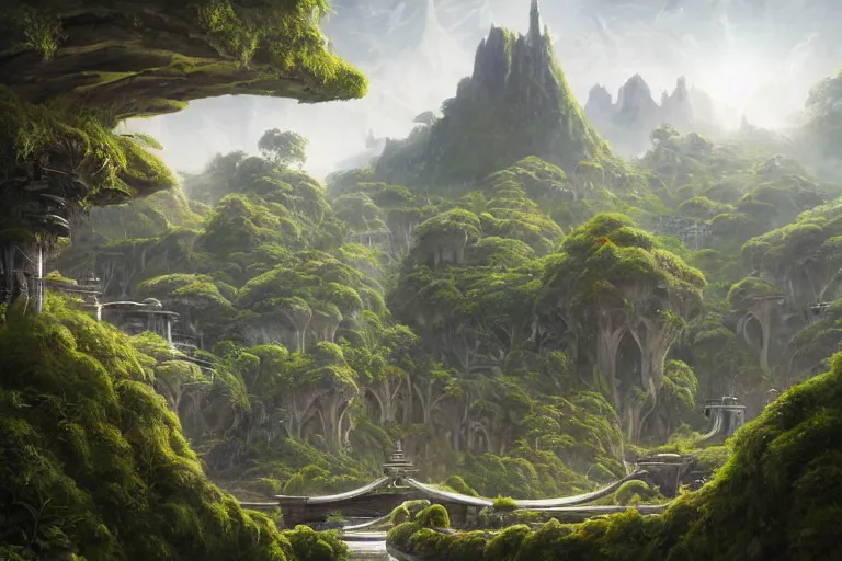 Image similar to Brutalist Solarpunk Shiro in Eden amazing concept painting, by Jessica Rossier , Gleaming White, fey magical lighting, overlooking a valley, Himeji Rivendell Garden of Eden, topiary, manicured gardens, terraced orchards and ponds, lush fertile fecund, fruit trees, by Brian Froud by Beksinski