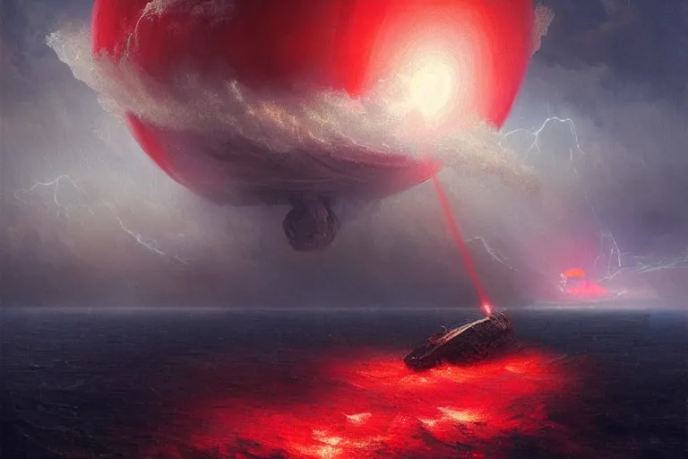 Image similar to A beautiful matte painting of huge spherical alien spaceship attacking with powerful red lasers Ship in ocean in thunderstorm by Greg Rutkowski and Ivan aivazovsky