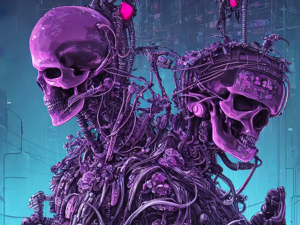 Image similar to high detailed lone dead android skull samurai with plants growing around the neck in a cyberpunk rainy city at night by Josan Gonzalez, purple and pink and blue neons, unreal engine, high quality, 4K, UHD, trending on ArtStation, wires, blade runner vibes, ghost in the shell, akira, dorohedoro