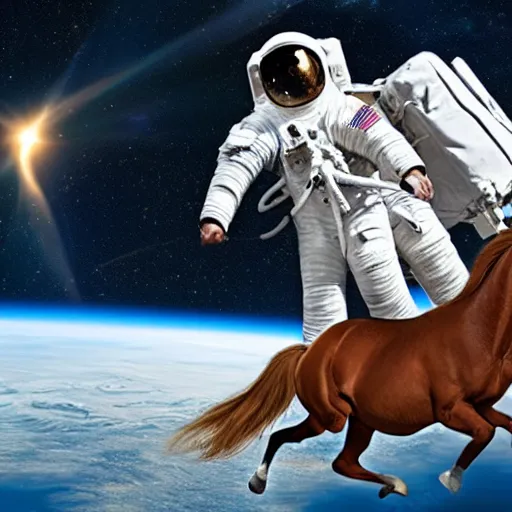 Image similar to the horse sat on top of the astronaut's back, and yells