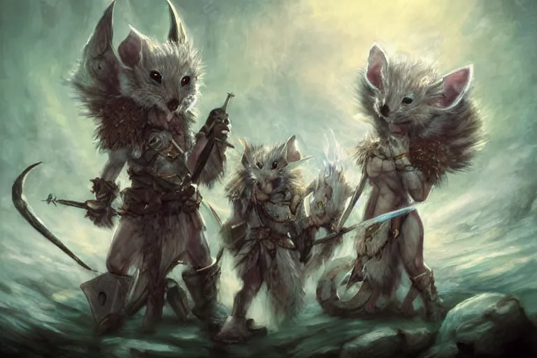 Prompt: dungeons and dragons fantasy painting, close order phalanx of mice spartans, 3 0 0, whimsical and cute, determined expressions, watery blue eyes, anime inspired, white fur, tufty whiskers, steel blades, dawn lighting, at thermopolae by anato finnstark