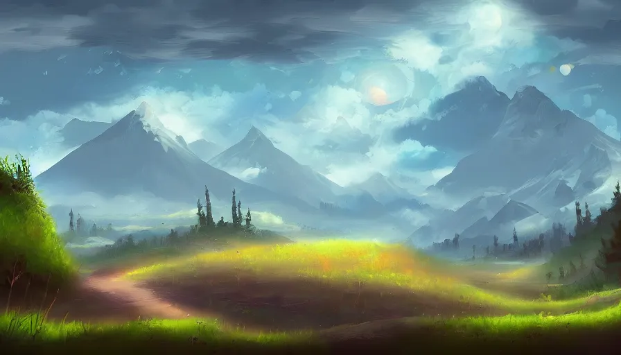 Image similar to professional digital art of lofi landscape BG painting, digital art, beautiful composition, trending on artstation and deviantart, masterpiece