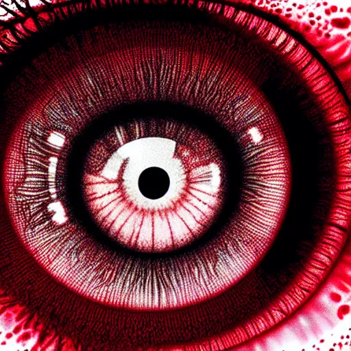 Image similar to a detailed extremely close up of inside the iris, cornea, red image, microscopic, extremely close up drawing by junji ito, cgsociety, generative art, lovecraftian, parallax, cosmic horror, extremely detailed, hyperrealism, unreal engine, octane render, award winning, masterpiece, highly detailed, realistic, 4 k, digital