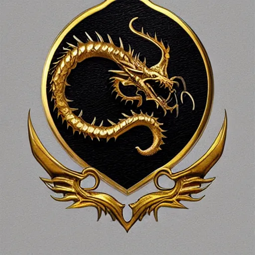 Image similar to emblem of black dragon on a gold metallic dragon emblem, by artgerm, tom bagshaw, gerald brom, moody vibe, goth vibe, 4 k, hd,