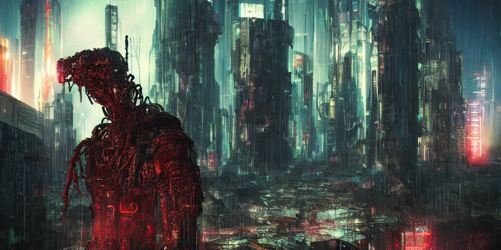 Image similar to a cyberpunk chtulhu creature closeup, fallout 5, studio lighting, deep colors, apocalyptic setting, vertically mirrored city in background