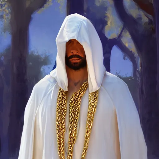 Prompt: a portrait of a man wearing a long white cloak, hood and shadows covering face, holding golden chains, oil painting, Volumetric Golden dappled dynamic lighting, Highly Detailed, Cinematic Lighting, Unreal Engine, 8k, HD