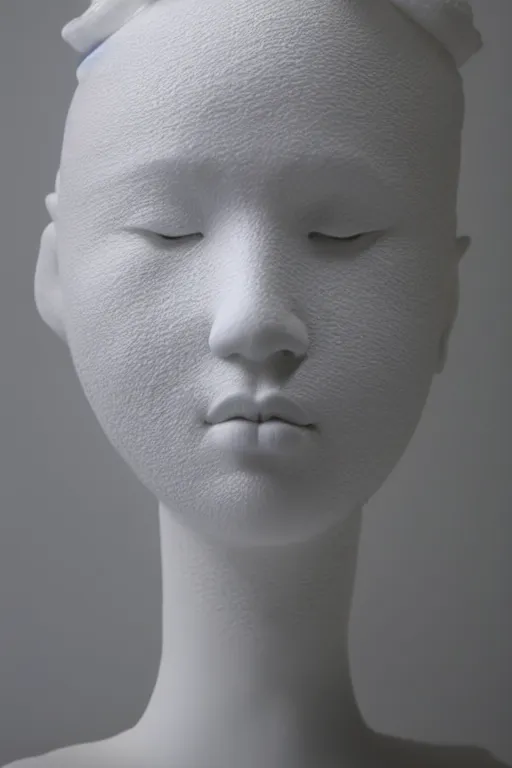 Prompt: full head and shoulders, beautiful female porcelain sculpture by daniel arsham and raoul marks, smooth, all white features on a white background, delicate facial features, white eyes, white lashes, detailed white, the head is split open like an egg, gold paint flows out