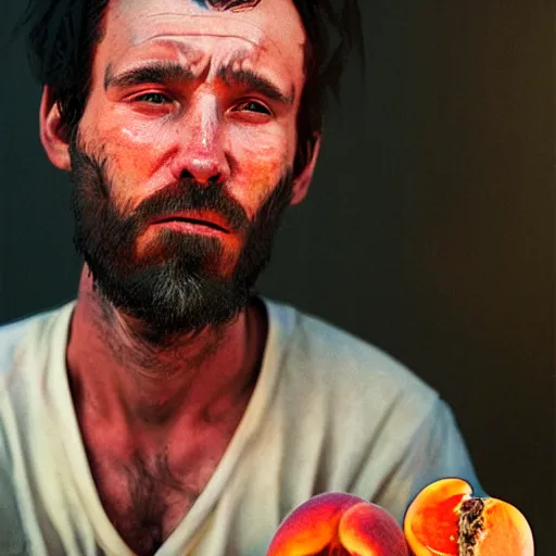 Image similar to Portrait of a feral man eating a peach, factory background, detail chewing, aesthetic, by greg rutkowski, rendered in octane