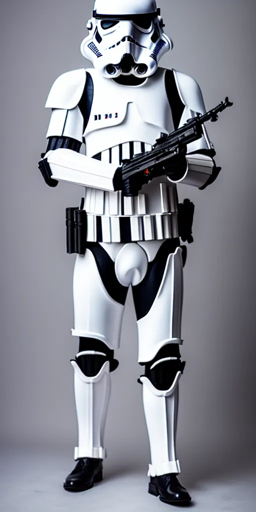 Image similar to Realistic fashion photoshoot of a Stormtrooper, commercial, studio lighting, 50 mm lens, flash photography, 8K, highly detailed, leica, medium format