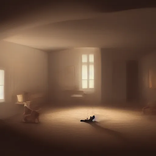 Prompt: wide shot of a completely dark family room in a house, at the bottom of a baseboard dim light emanates from a mouse hole, 8K, 4K, digital art, concept art, art station, solace, tranquil, dusty.